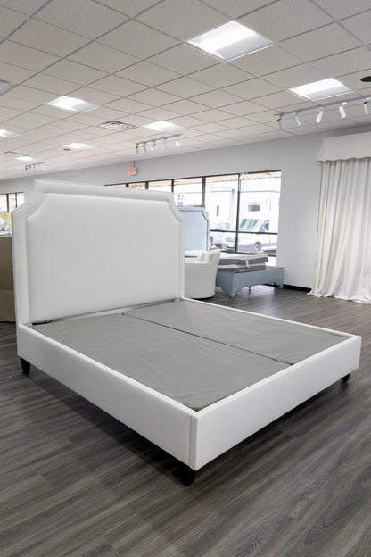 65”H King Platform Bed - Wooden Legs - Off White Linen Fabric