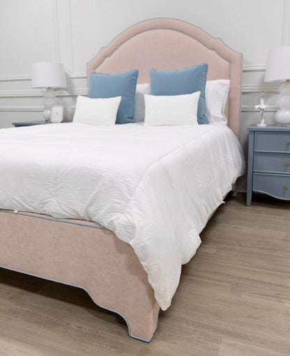 The Grace Queen Bed - Pink Performance Chenille Fabric - Sky Blue Trim