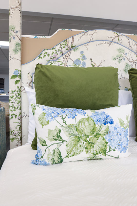 Handcrafted Throw Lumbar Pillows – Blue Hydrangea Schumacher Fabric - 50% Down Feather