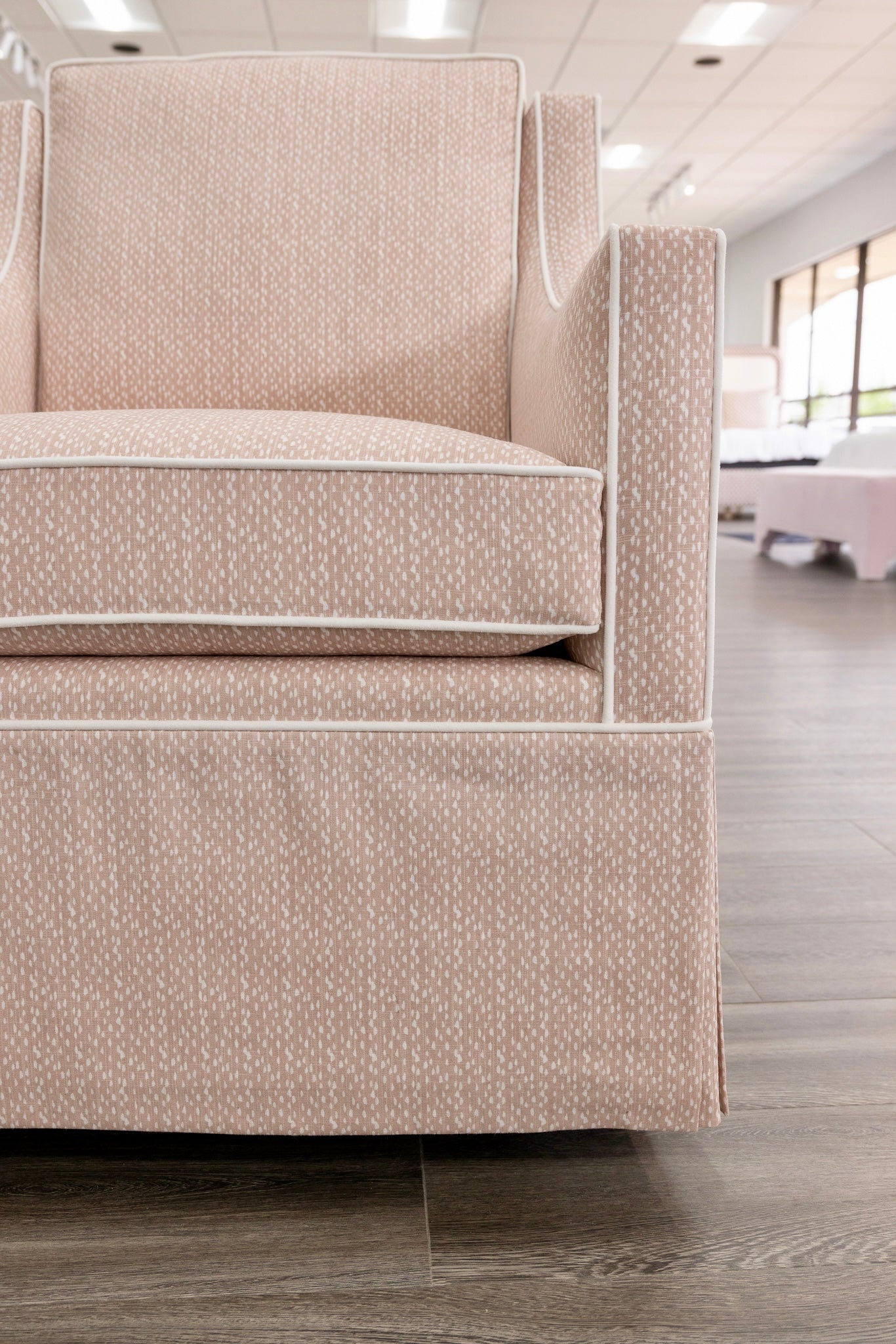 Custom Swivel Glider Chair – Pink Dotted Fabric with White Trim
