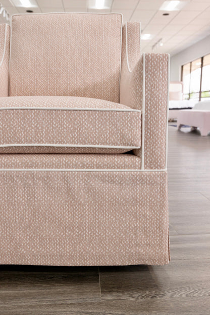 Custom Swivel Glider Chair – Pink Dotted Fabric with White Trim