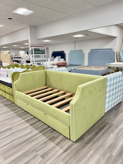Twin Trundle Daybed - Pistachio Green Woven Fabric with White Trim