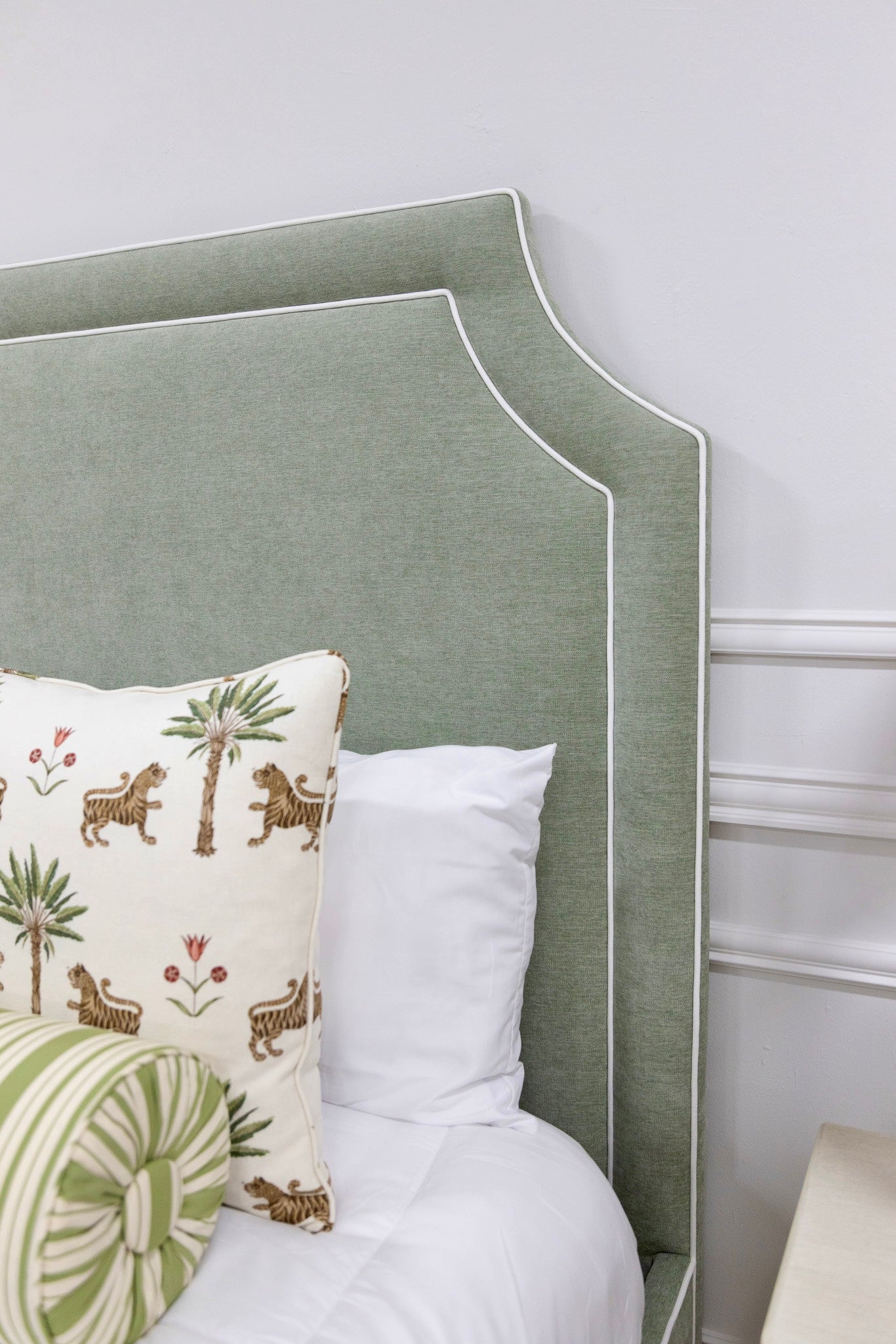 The Addison Queen Upholstered Platform Bed - Crypton Sage Linen Look Fabric - White Trim