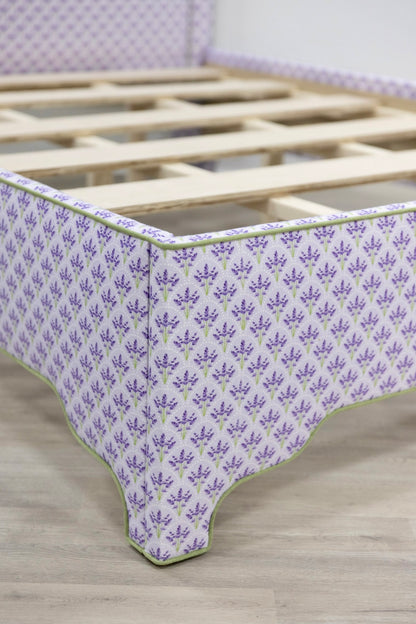 The Addison Queen Bed - Lavender Floral Linen Fabric - Green Trim