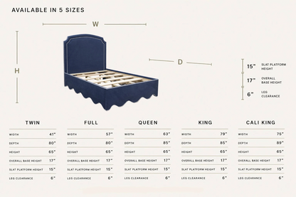 The Aliana Queen Bed - Scalloped Base - Navy Woven Fabric - White Trim