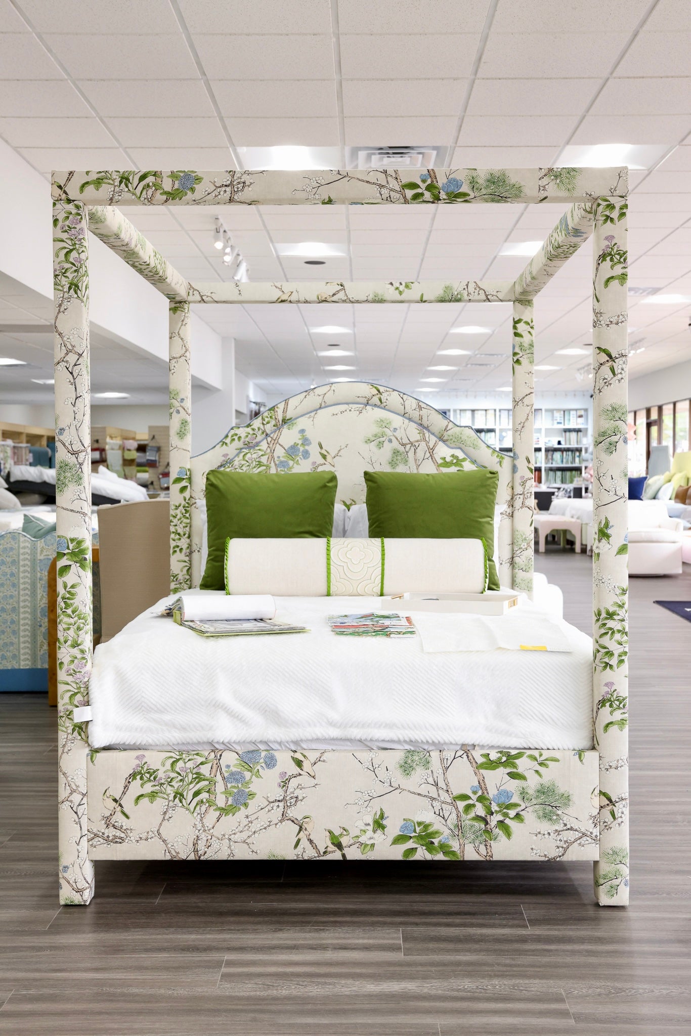 The Grace Queen Canopy Bed - Upholstered in Katsura Fabric - Blue Trim