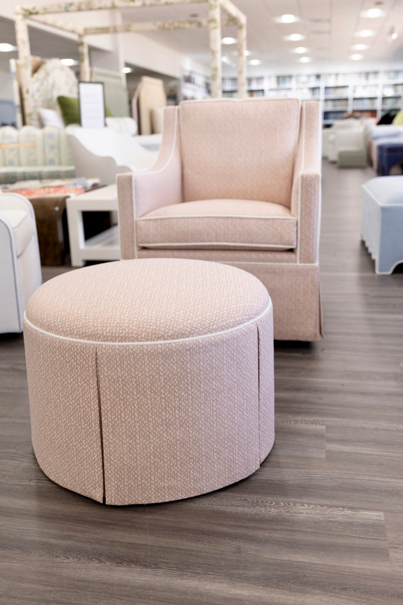 The Camille Glider Chair
– Pink Dotted Fabric with White Trim