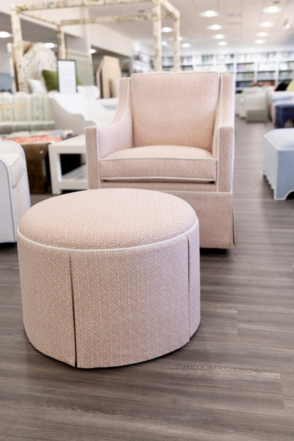 The Camille Glider Chair
– Pink Dotted Fabric with White Trim