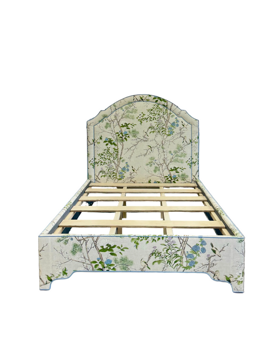 65" H Queen Upholstered Platform Bed - Thibaut Fabric – Cream & Lavender - Scalloped Upholstered Legs