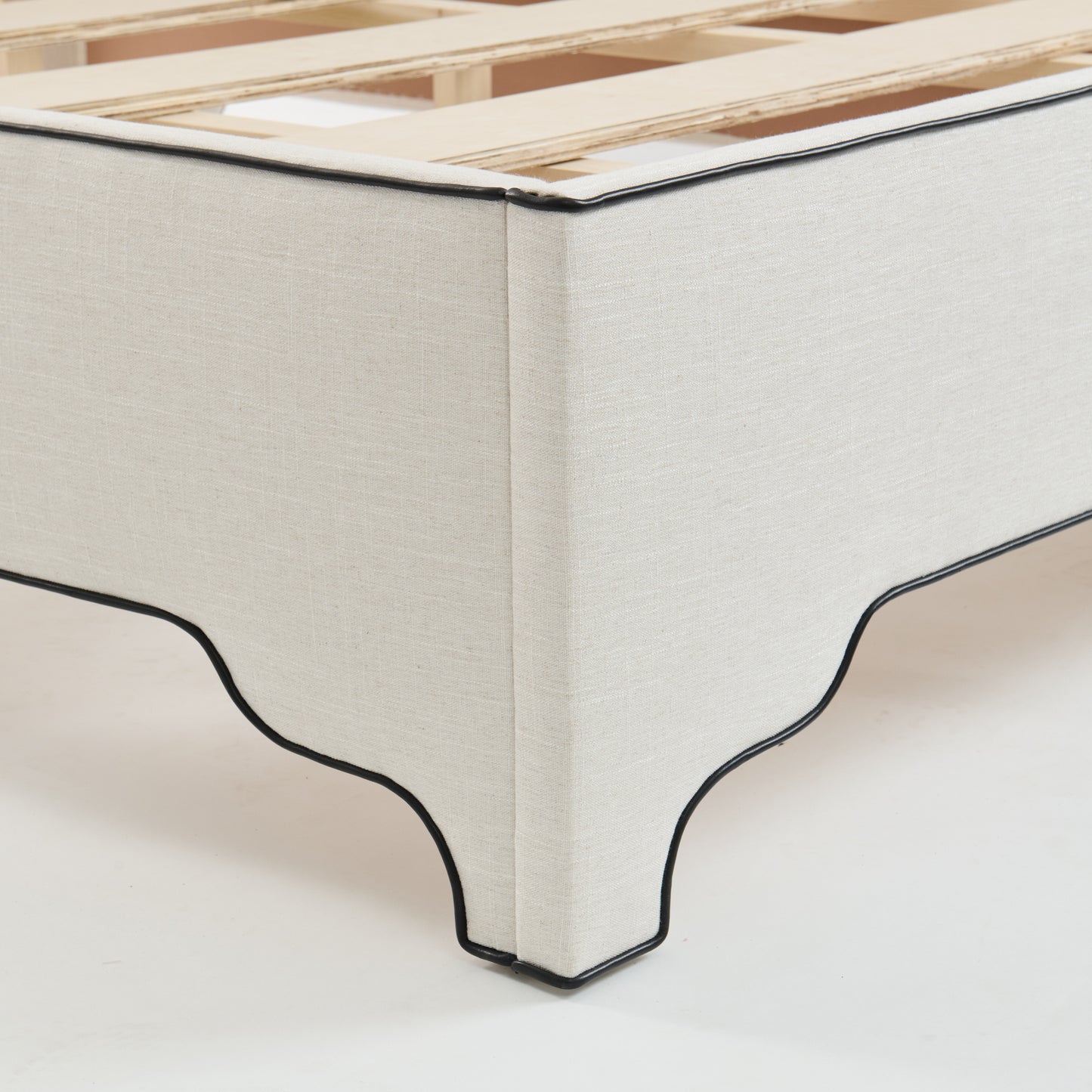 The Addison Queen Bed - Off-White Linen Fabric - Black Leather Trim