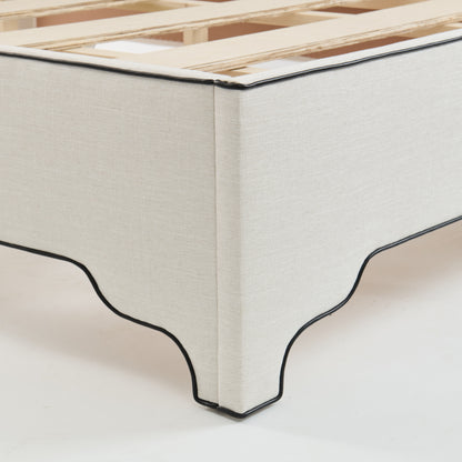 The Addison Queen Bed - Off-White Linen Fabric - Black Leather Trim