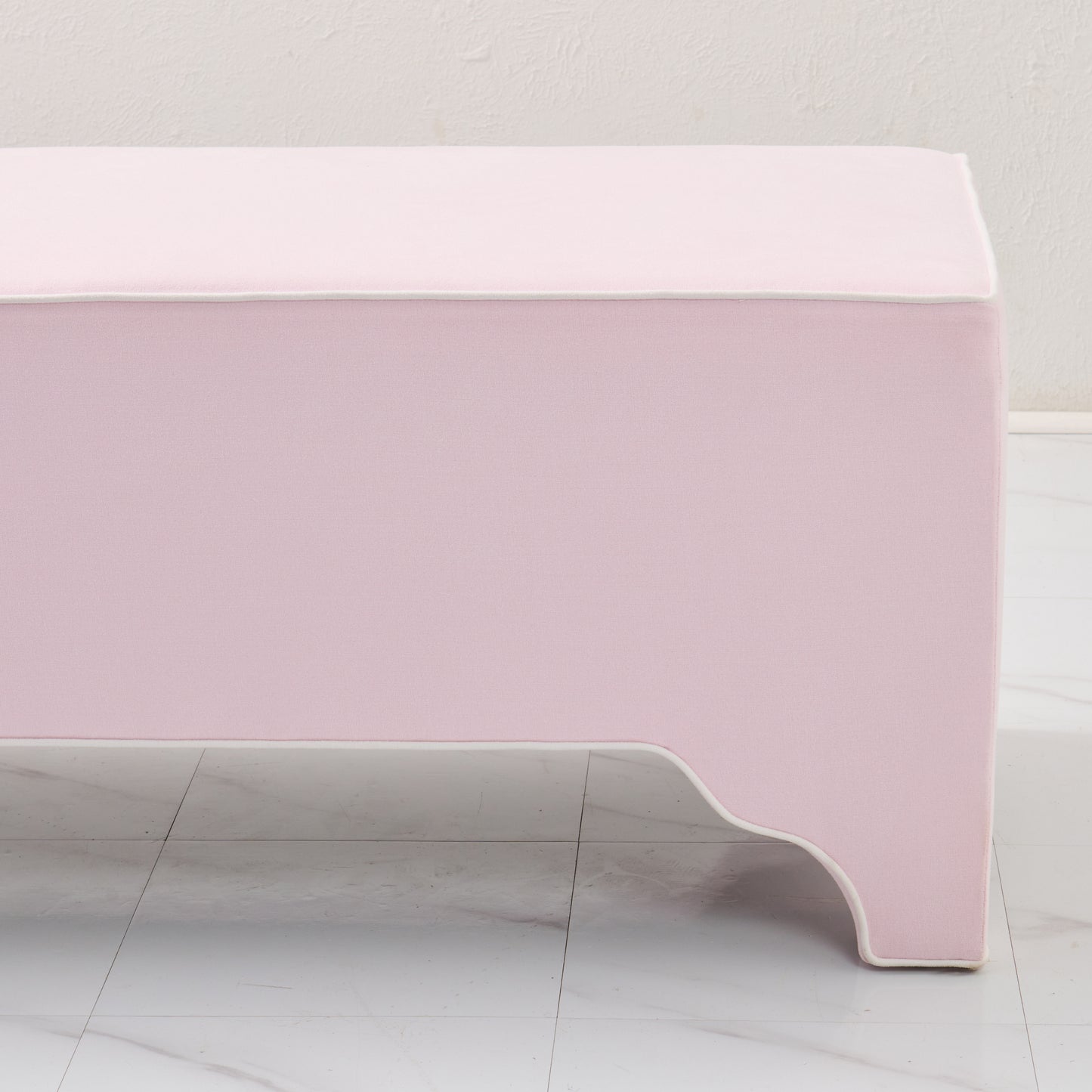 Custom Upholstered Bench in Powder Pink Woven Fabric