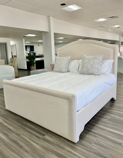 65"H King Platform Bed - Upholstered Footboard - Oatmeal Woven Fabric - White Trim