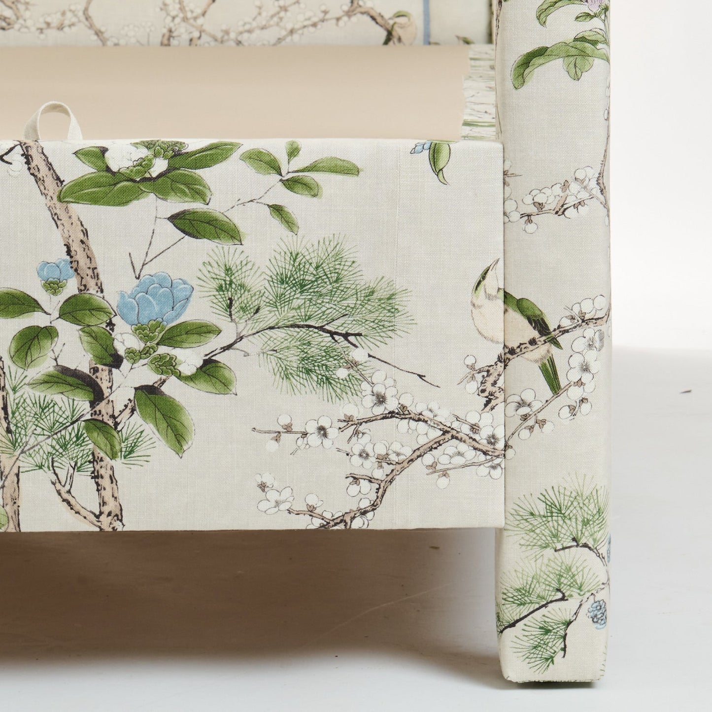 The Grace Queen Canopy Bed - Upholstered in Katsura Fabric - Blue Trim