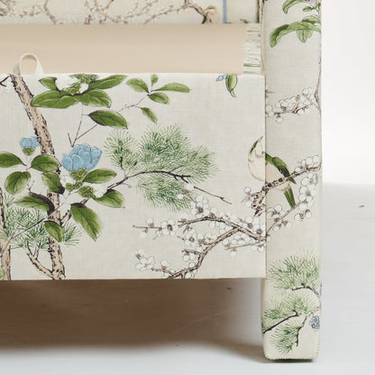 The Grace Queen Canopy Bed - Upholstered in Katsura Fabric - Blue Trim