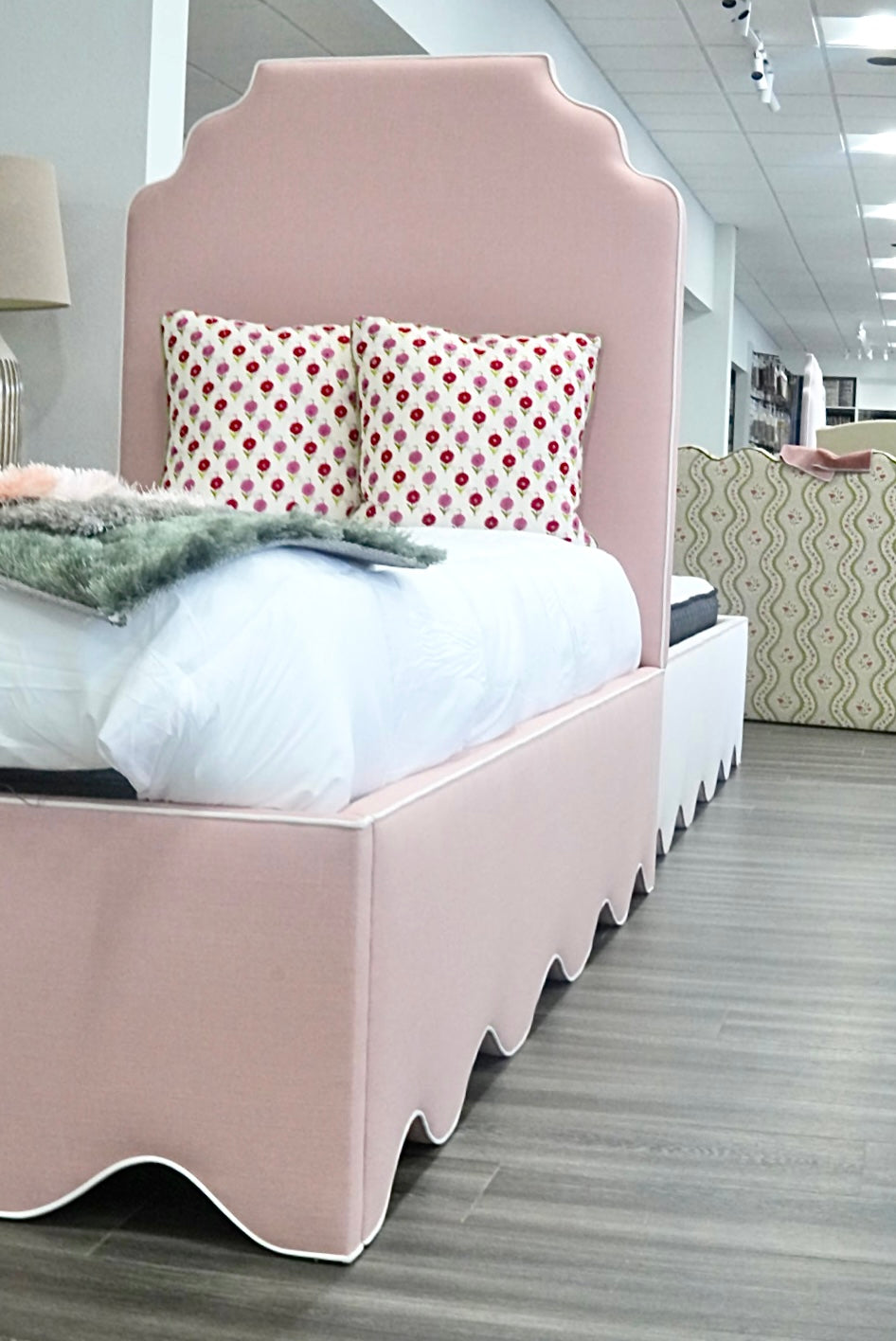 60”H Twin Scalloped Platform Bed in our Blush Pink Linen - White Trim