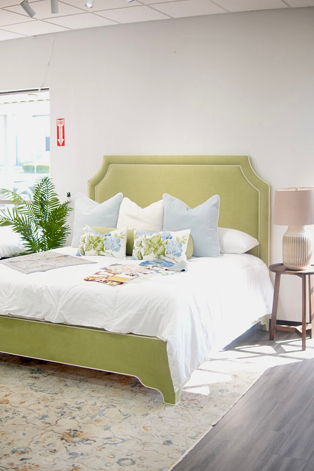 65”H King Upholstered Platform Bed - Scalloped Legs - Pistachio Green Woven Fabric with White Trim
