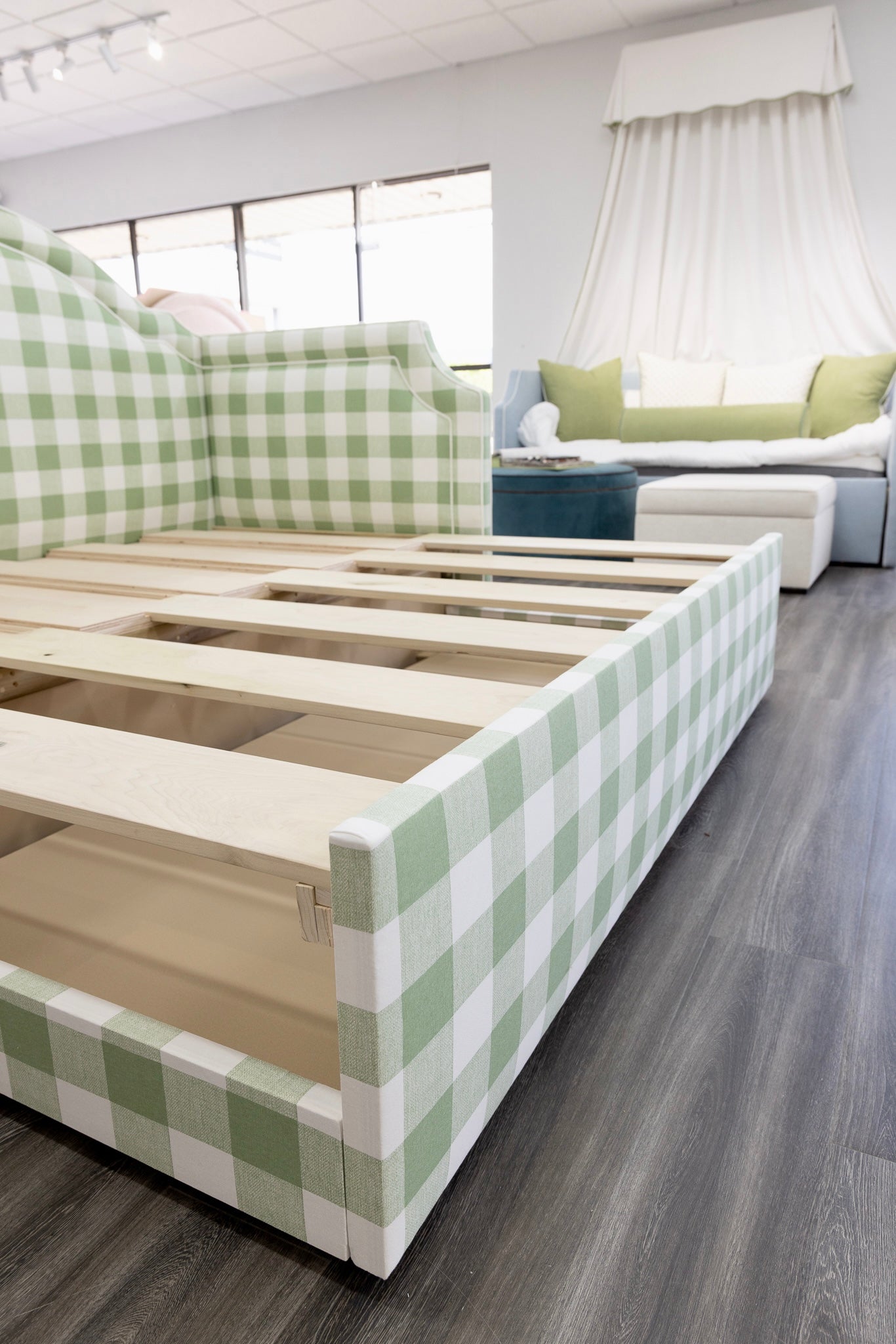 The Grace Twin to King Trundle Daybed - Buffalo Sage Green Fabric - White Trim