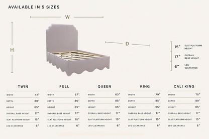 The Helena Queen Bed - Scalloped Base - Lilac Woven Fabric - White Trim