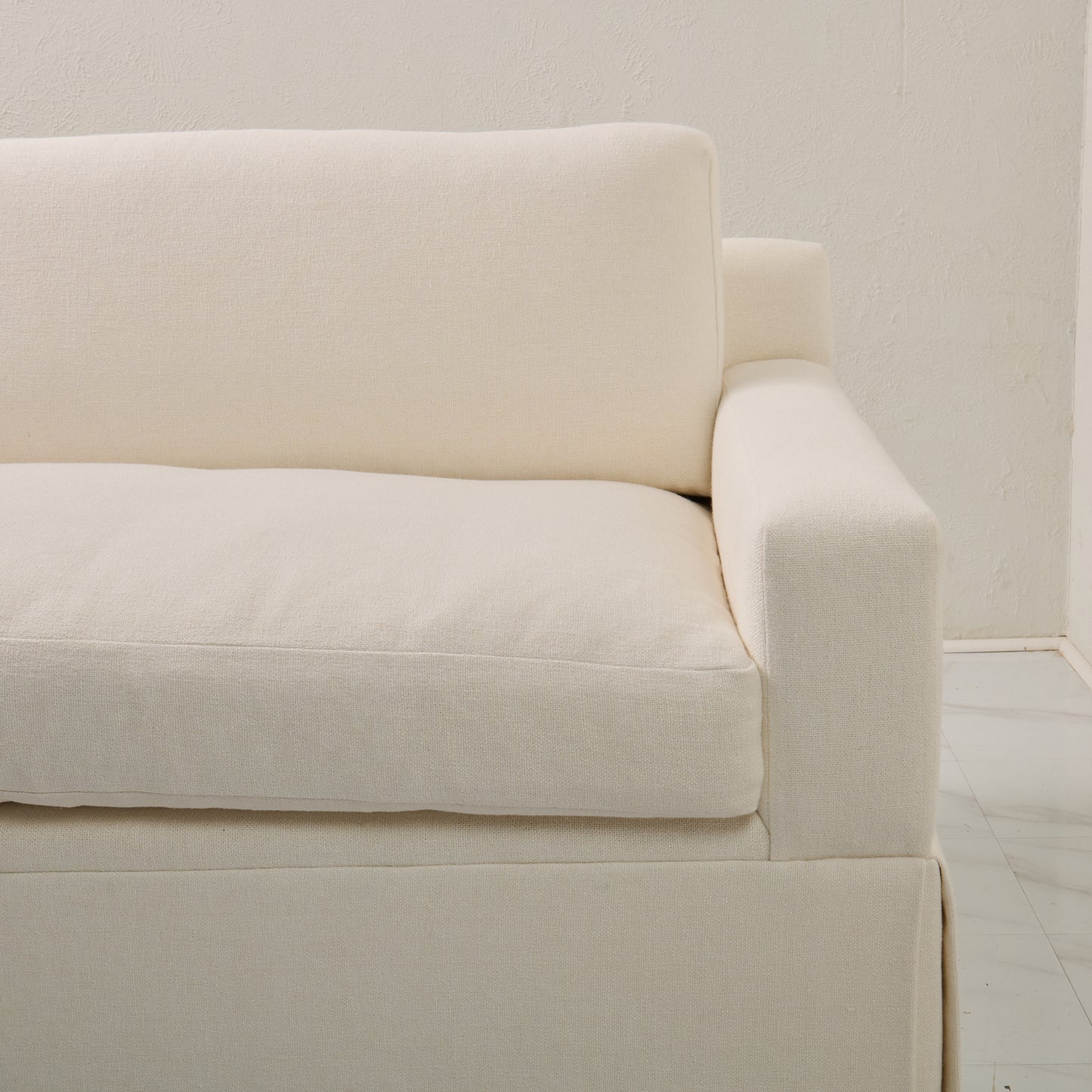 Luxe Feather-Seat Skirted Sofa in Upholstery Linen Fabric – Custom Built
