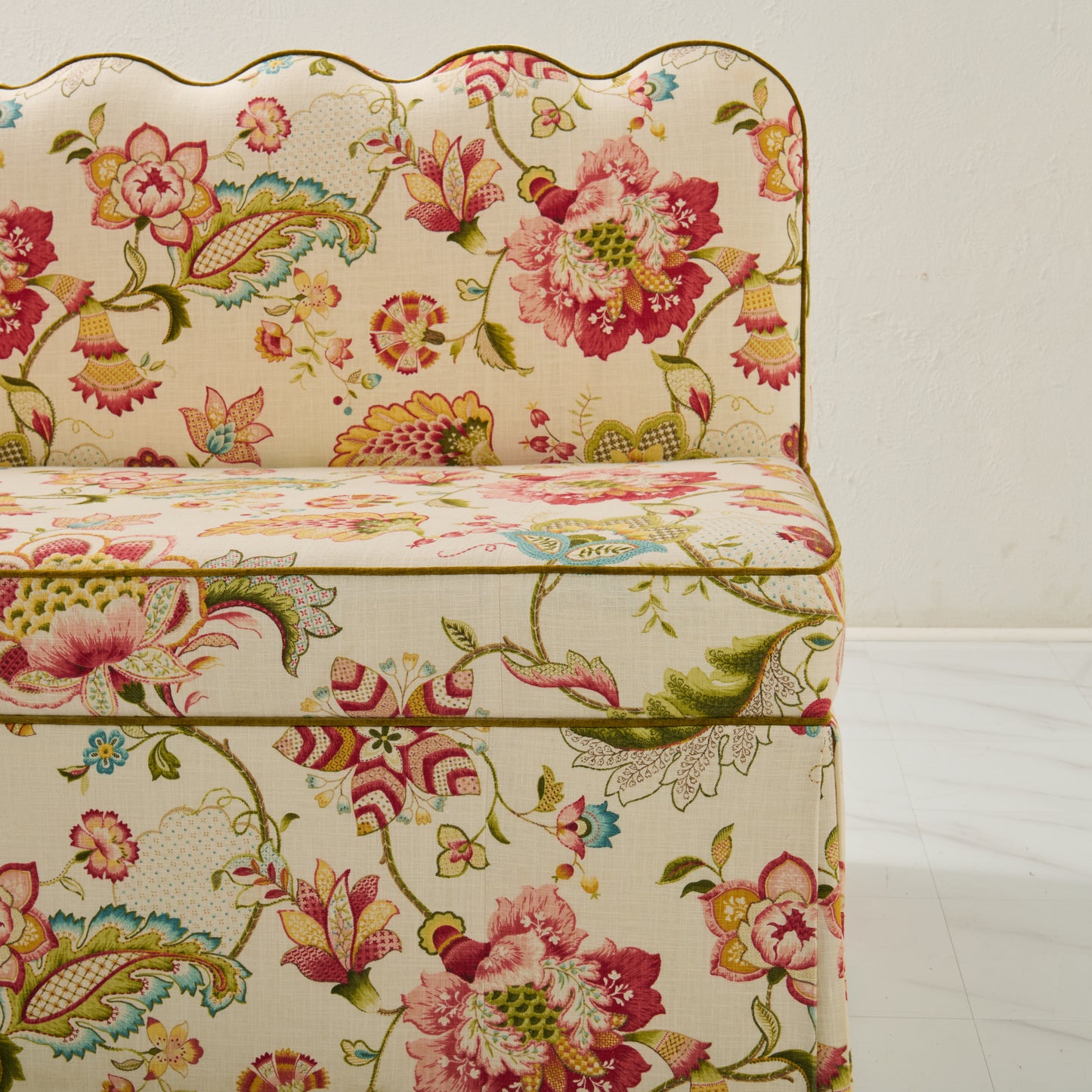 76"L Custom Scalloped Banquette in Ophelia Blossom - Modern Upholstered Dining Banquette with Pleated Skirt