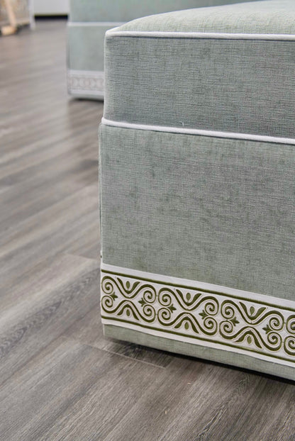 Custom Upholstered Skirted Banquette – Performance Green Chenille Fabric, White Piping