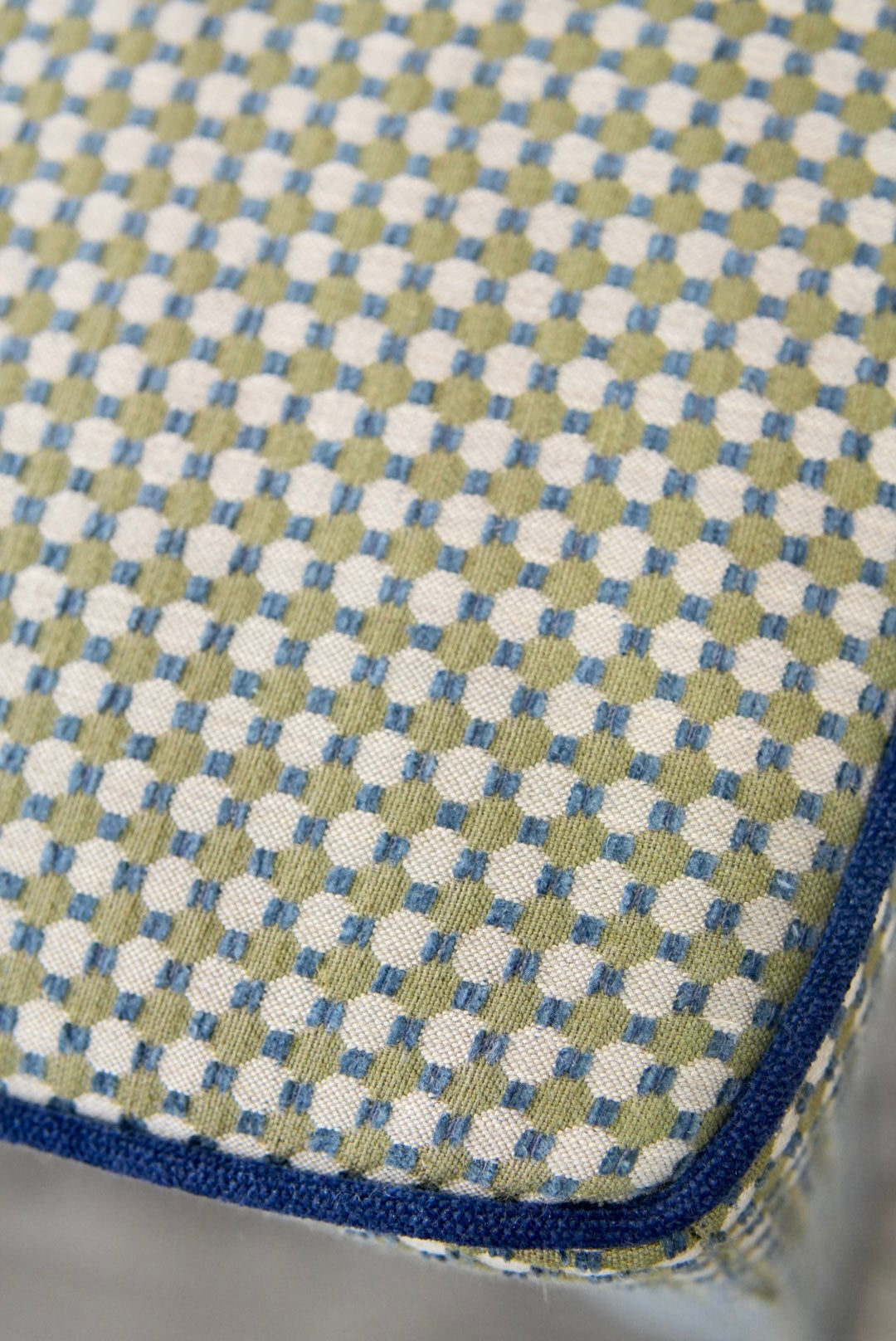 Custom Upholstered Bench in Thibaut Fabric - Navy Trim