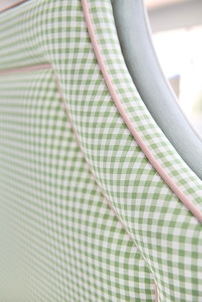 65”H Queen Platform Upholstered Bed - Sage Green Gingham Fabric with Blush Pink Trim