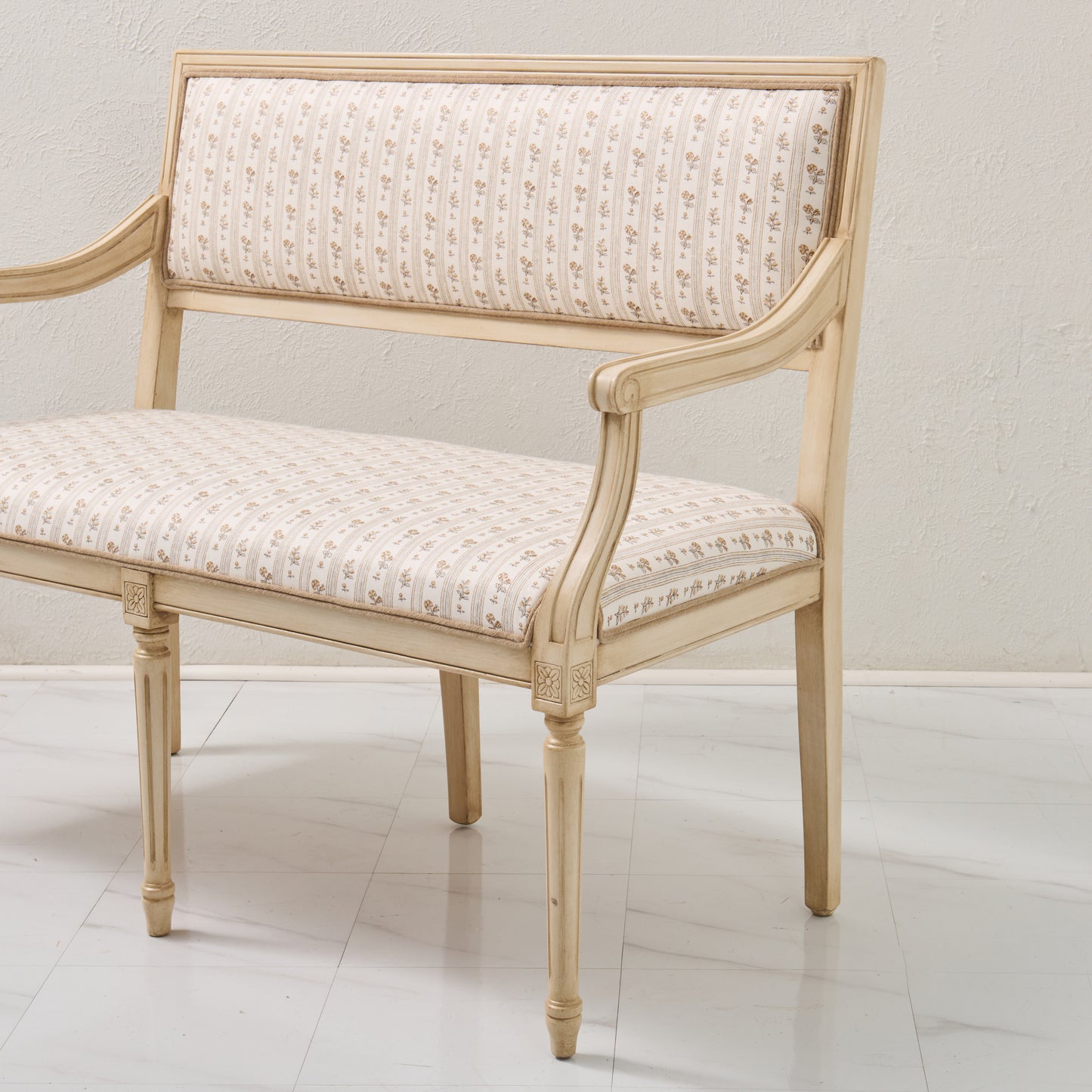 Italian Carved Upholstered Bench in Schumacher Fabric