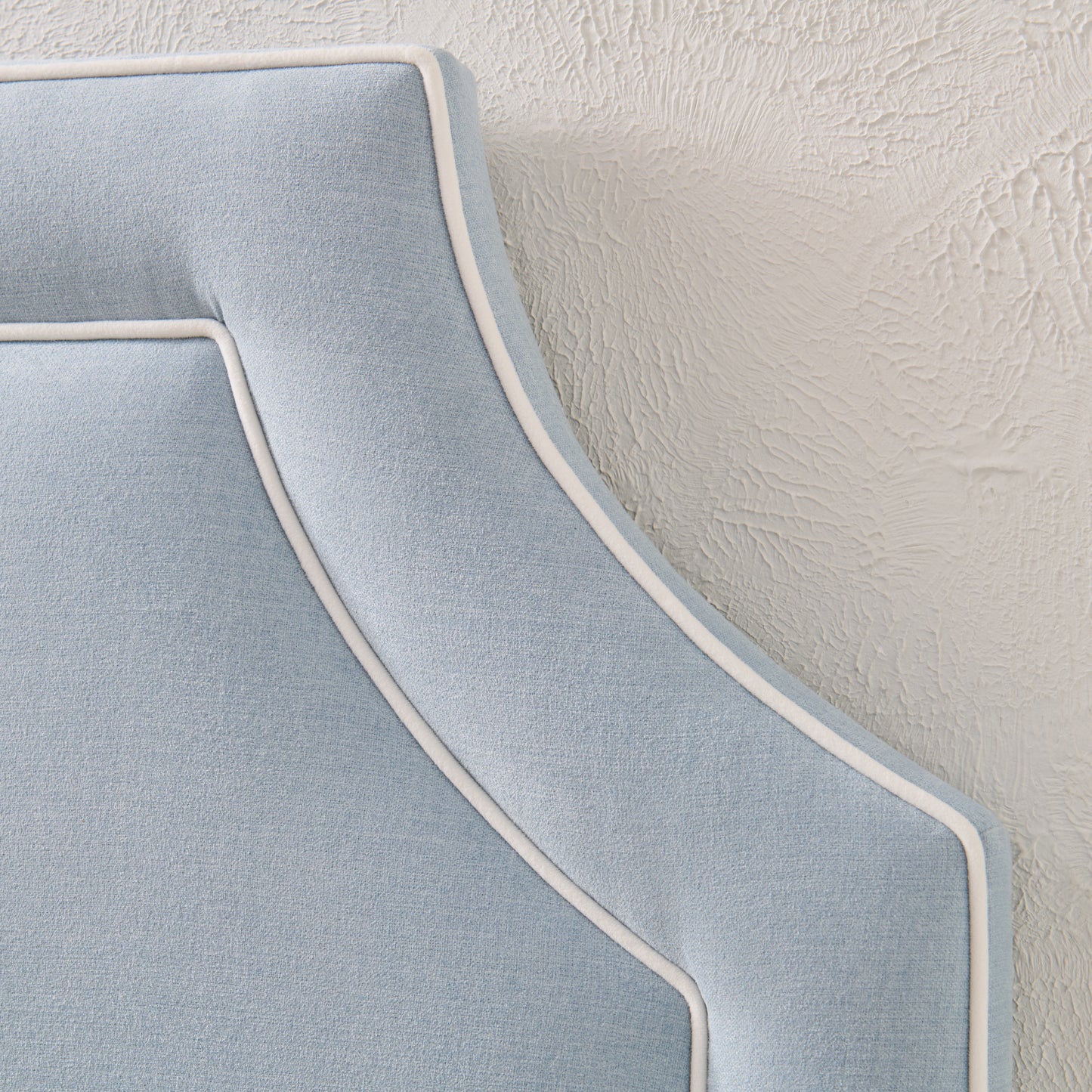 65" H King Platform Bed - Scalloped Legs - Sky Blue Woven Fabric with White Trim