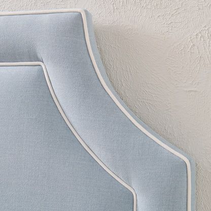 65" H King Platform Bed - Scalloped Legs - Sky Blue Woven Fabric with White Trim