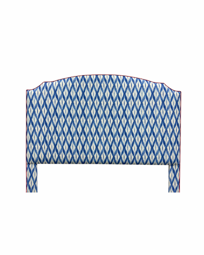 65"H King Headboard in Blue Ikat Fabric - Red Trim