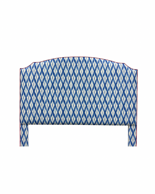 65"H King Headboard in Blue Ikat Fabric - Red Trim