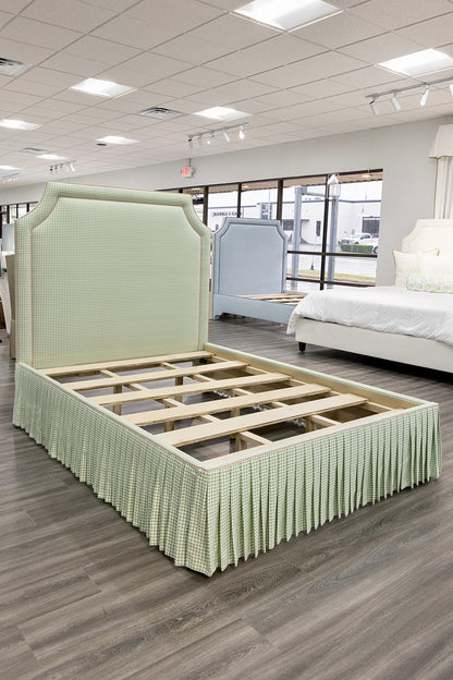 The Addison Queen Bed - Skirted Base - Sage Green Gingham Fabric - Pink Trim