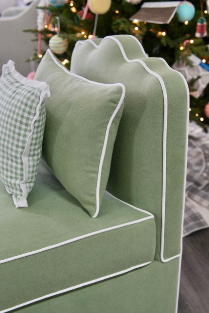 Custom Scalloped Upholstered Chair – Green with White Piping