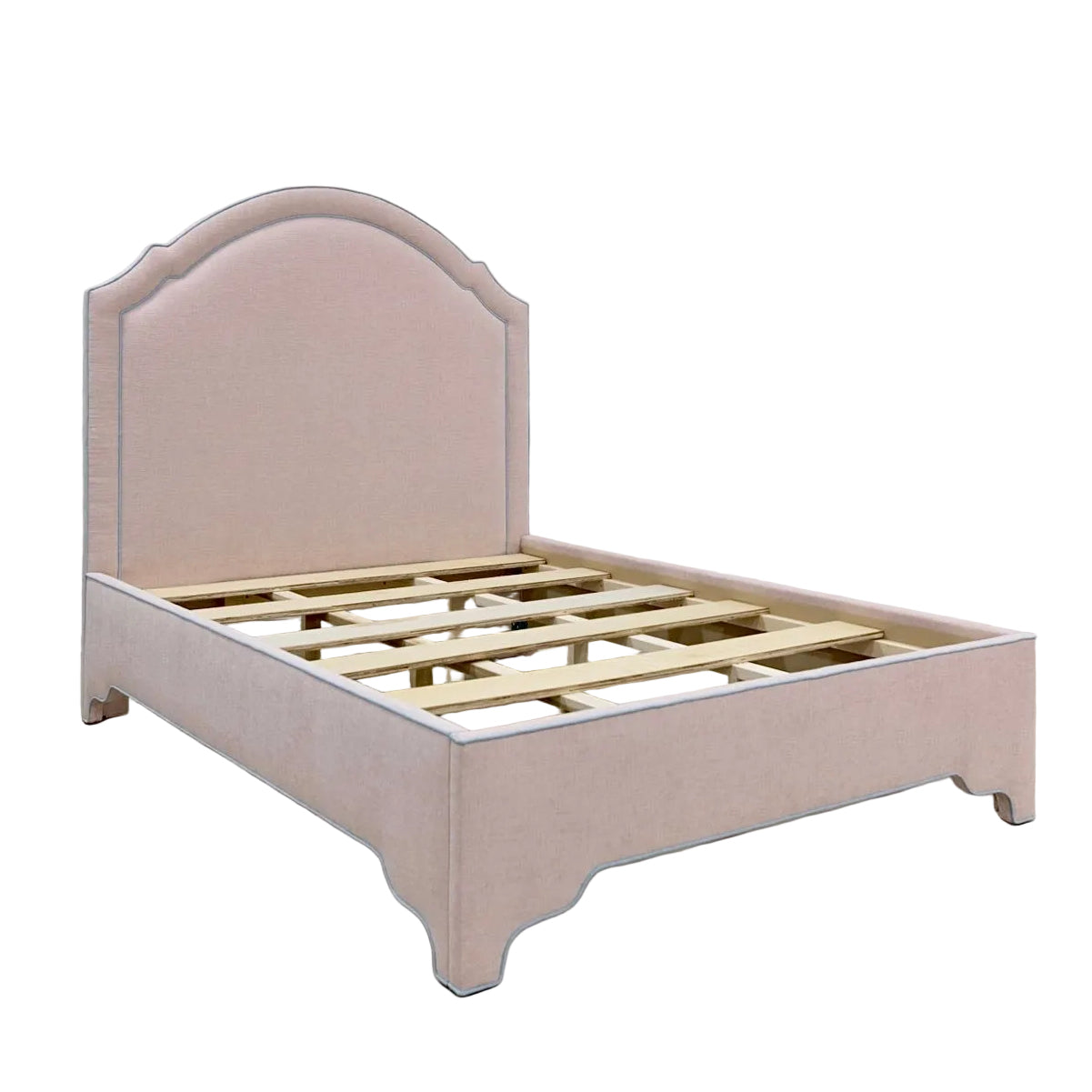The Grace Queen Bed - Pink Performance Chenille Fabric - Sky Blue Trim