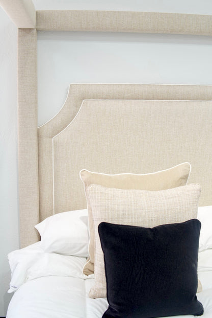 Classic Upholstered King Canopy Bed in Neutral Linen