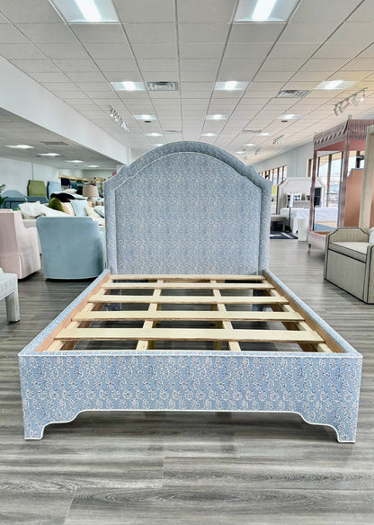 65”H Queen Platform Upholstered Bed - Perry Blue Polyester Fabric with White Trim