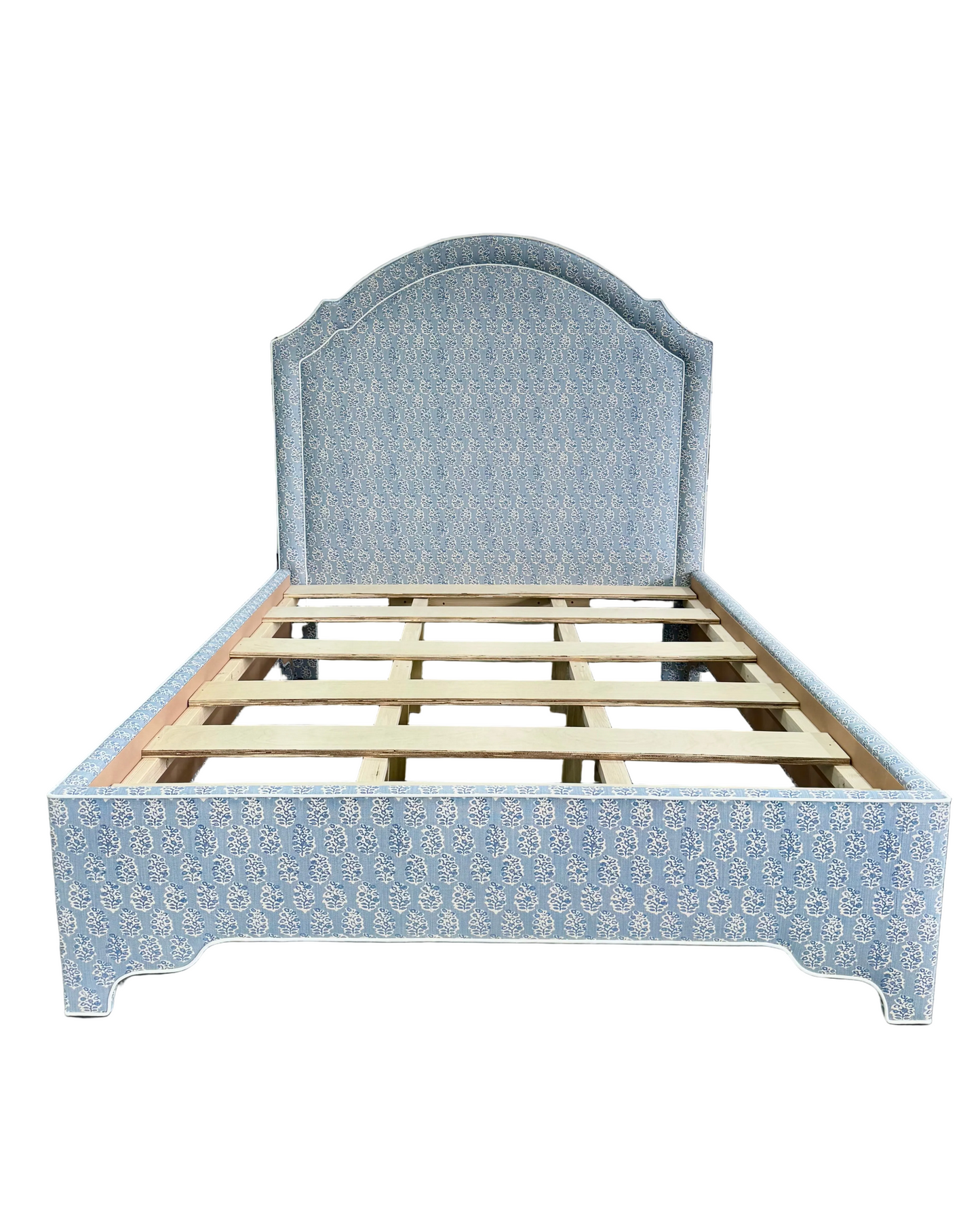 65”H Queen Platform Upholstered Bed - Perry Blue Polyester Fabric with White Trim