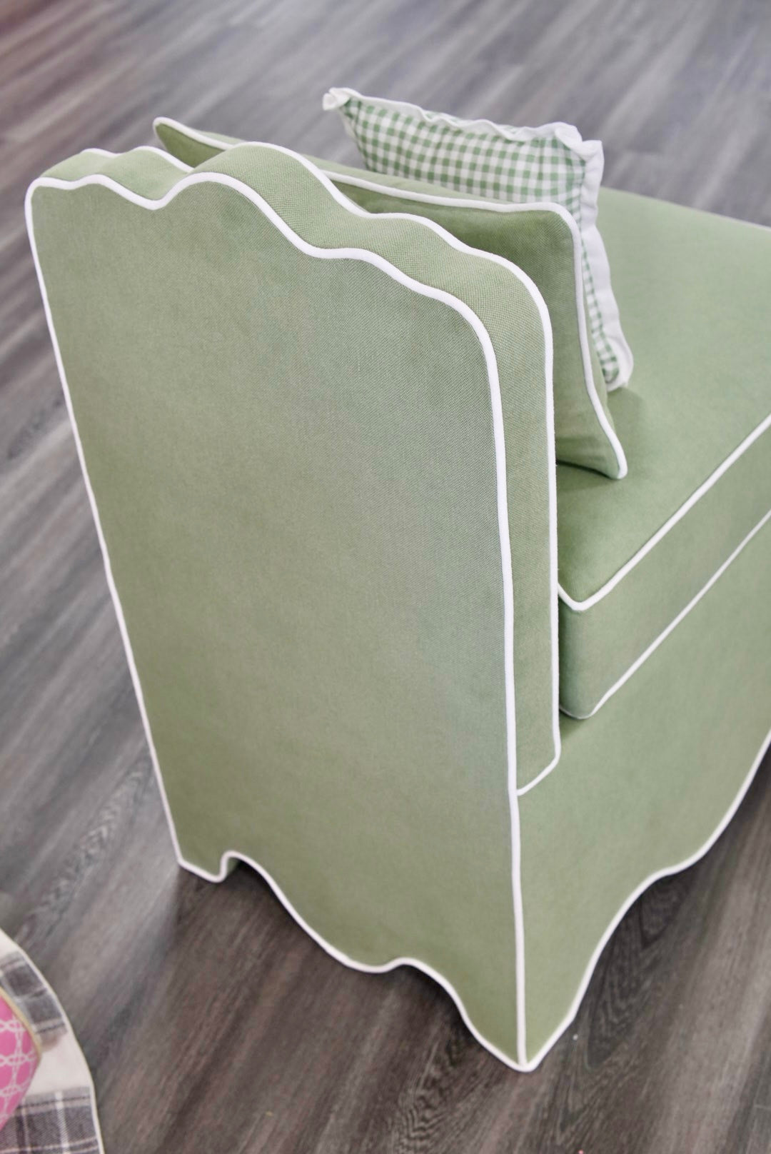 Custom Scalloped Upholstered Chair – Green with White Piping