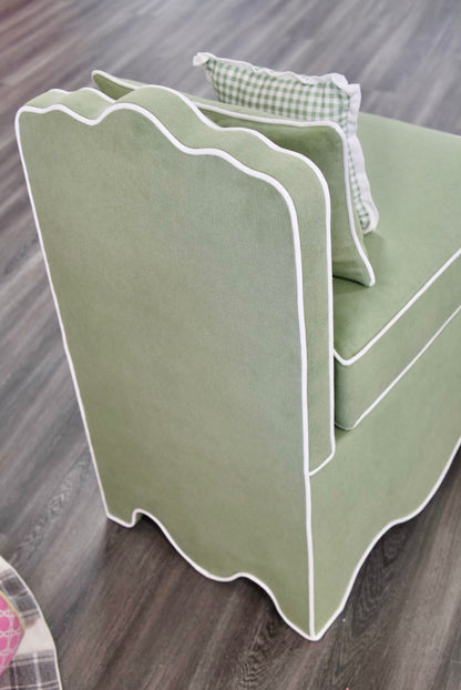 Custom Scalloped Upholstered Chair – Green with White Piping
