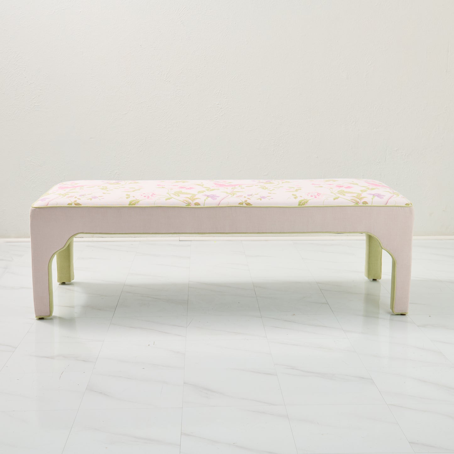Custom Upholstered Bench in Floral Fabric - Pear Green Trim