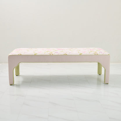 Custom Upholstered Bench in Floral Fabric - Pear Green Trim