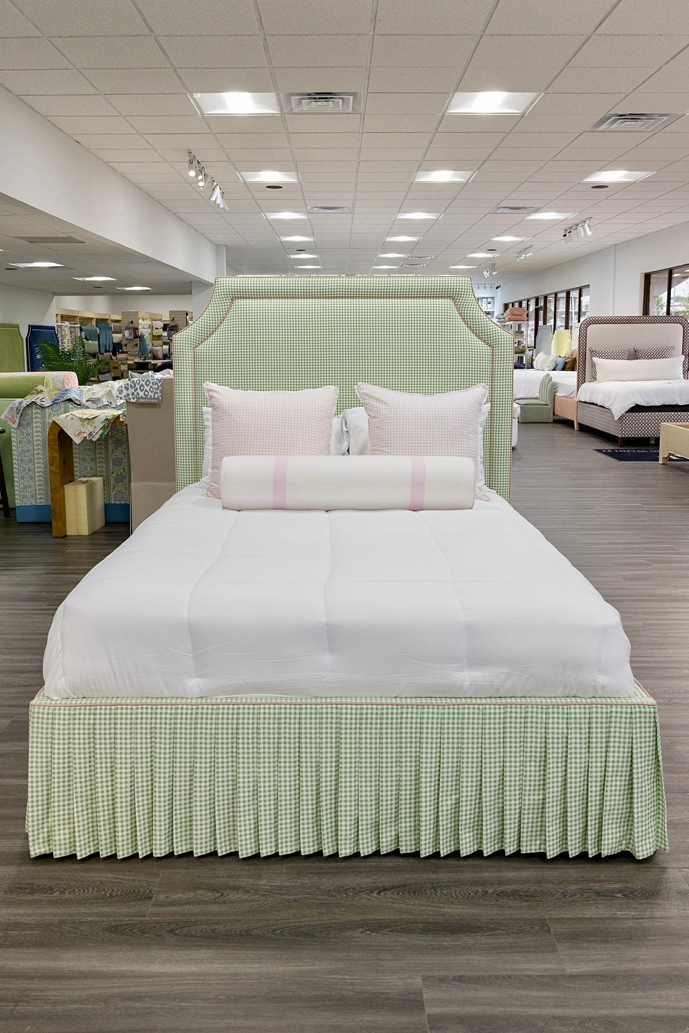 The Addison Queen Bed - Skirted Base - Sage Green Gingham Fabric - Pink Trim