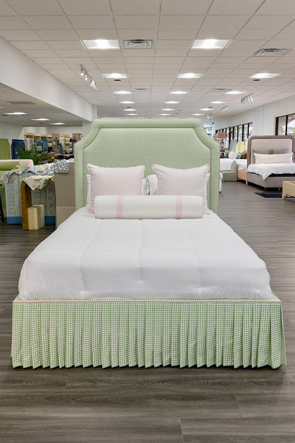 The Addison Queen Bed - Skirted Base - Sage Green Gingham Fabric - Pink Trim