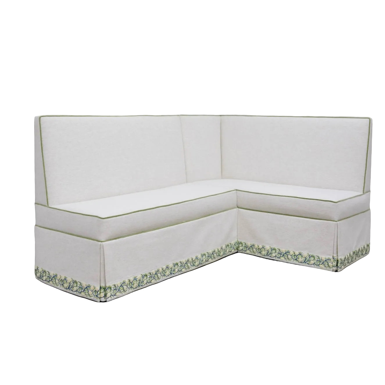 Custom Upholstered Skirted Banquette – Crypton Off-White Fabric, Pistachio Green Trim