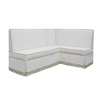 Custom Upholstered Skirted Banquette – Crypton Off-White Fabric, Pistachio Green Trim