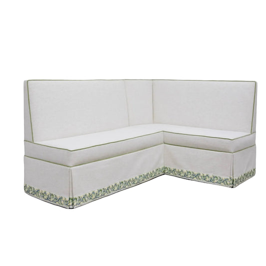 Custom Upholstered Skirted Banquette – Crypton Off-White Fabric, Pistachio Green Trim