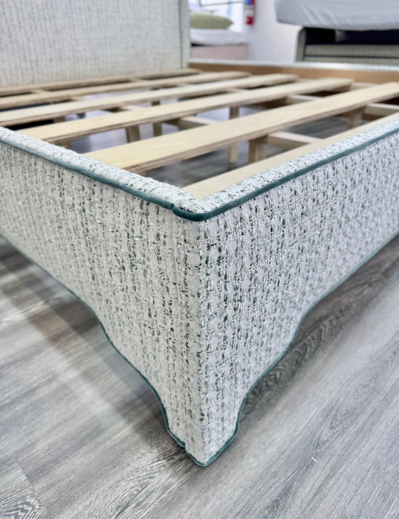 65" H King Platform Bed - Scalloped Legs - Textured Kravet Fabric- Teal Trim