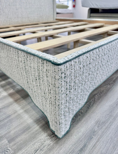 65" H King Platform Bed - Scalloped Legs - Textured Kravet Fabric- Teal Trim